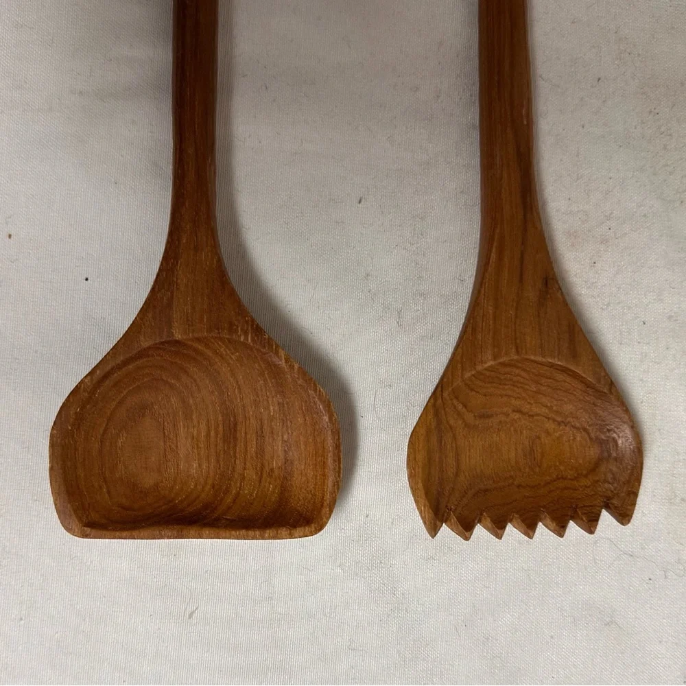 Mid Century Scuptural Teak  Wood Salad Serving Utensils, Fork and Spoon